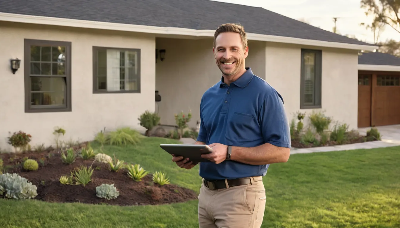 A friendly sewer line provider showing a homeowner a camera inspection screen near a stucco ranch home in Sacramento
